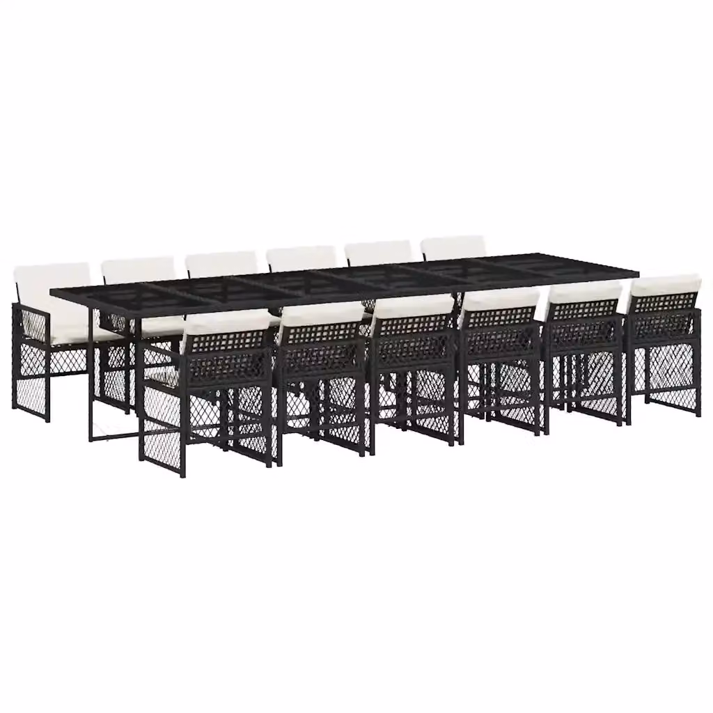 vidaXL Set da Pranzo da Giardino 13pz in Polyrattan con Cuscini e Tavolo in Vetro Nero e Bianco – 2