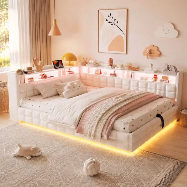 Letto divano 140 × 200 cm con vano idraulico, LED, mensole e presa elettrica, USB e tipo C, senza materasso, beige