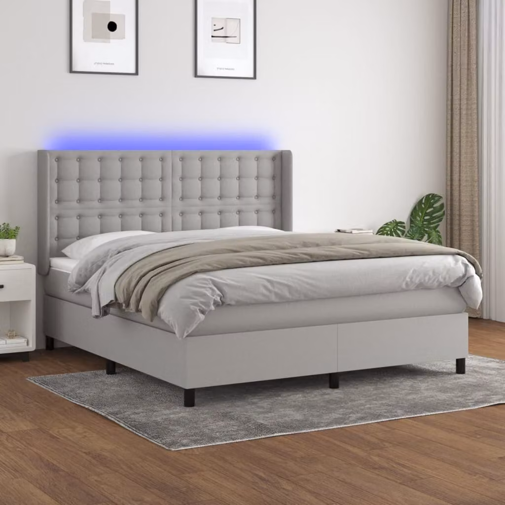 The Living Store Letto a molle con materasso e LED in tessuto grigio chiaro 160x200 cm