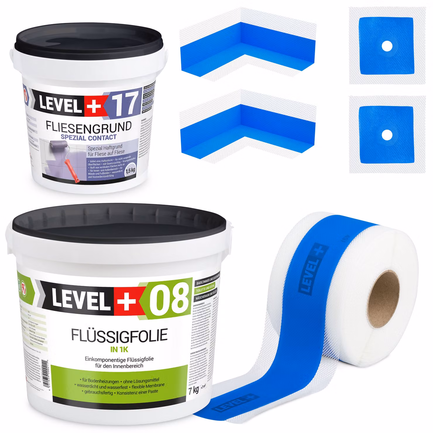 Kit di impermeabilizzazione Foglio liquido 7 kg Primer per piastrelle 1,5 kg Nastro sigillante 5 mb Doccia - LEVEL+ SET333