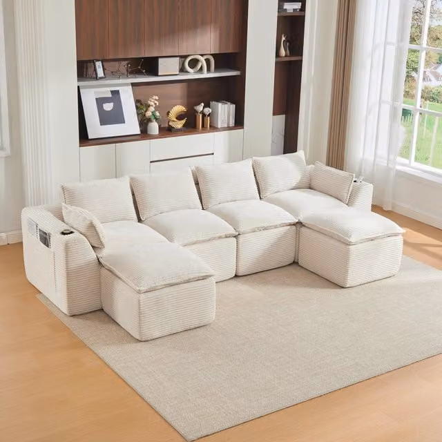 Divano modulare 4 posti con 2 pouf e portabicchieri; velluto a coste beige