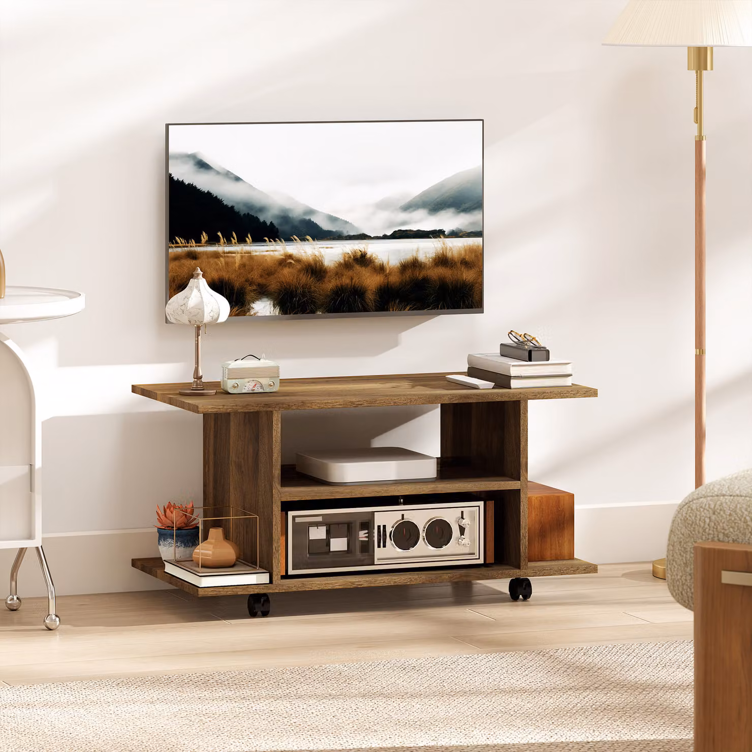 Mobile Porta TV Moderno HOMCOM con Ripiani, Ruote Girevoli e Freni, Color Noce, L 80 cm x P 40 cm x H 40 cm – 2
