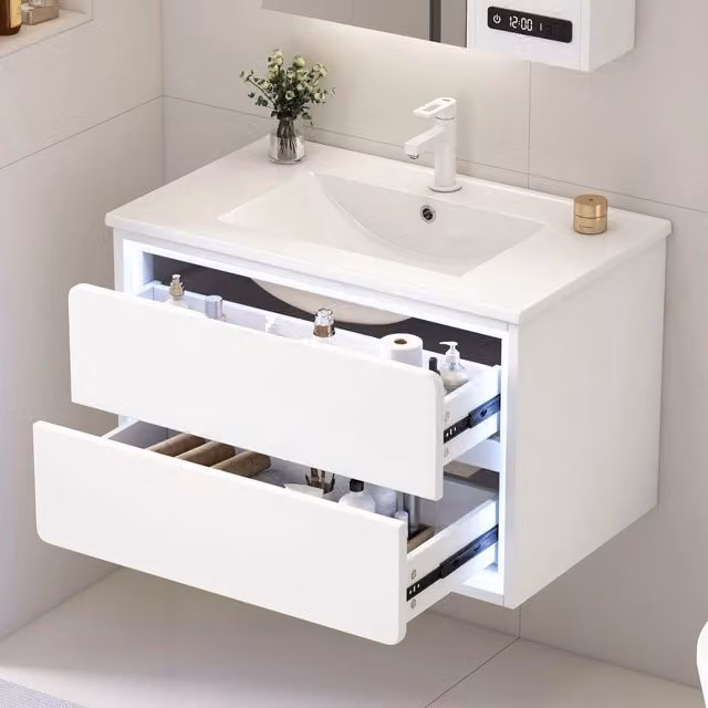 Mobile da Bagno Sospeso con Lavabo Integrato e LED ¨C Xylo ¨C Bianco, 2 Cassetti, 76x46x48.5 cm