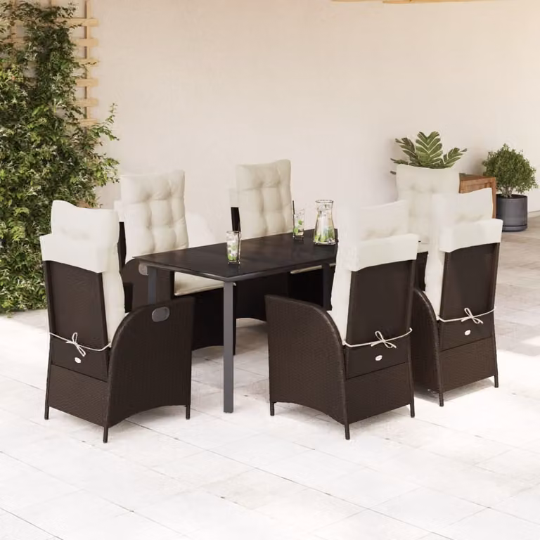 Set da Pranzo da Giardino 7pz vidaXL in Polyrattan Marrone con Piano in Vetro