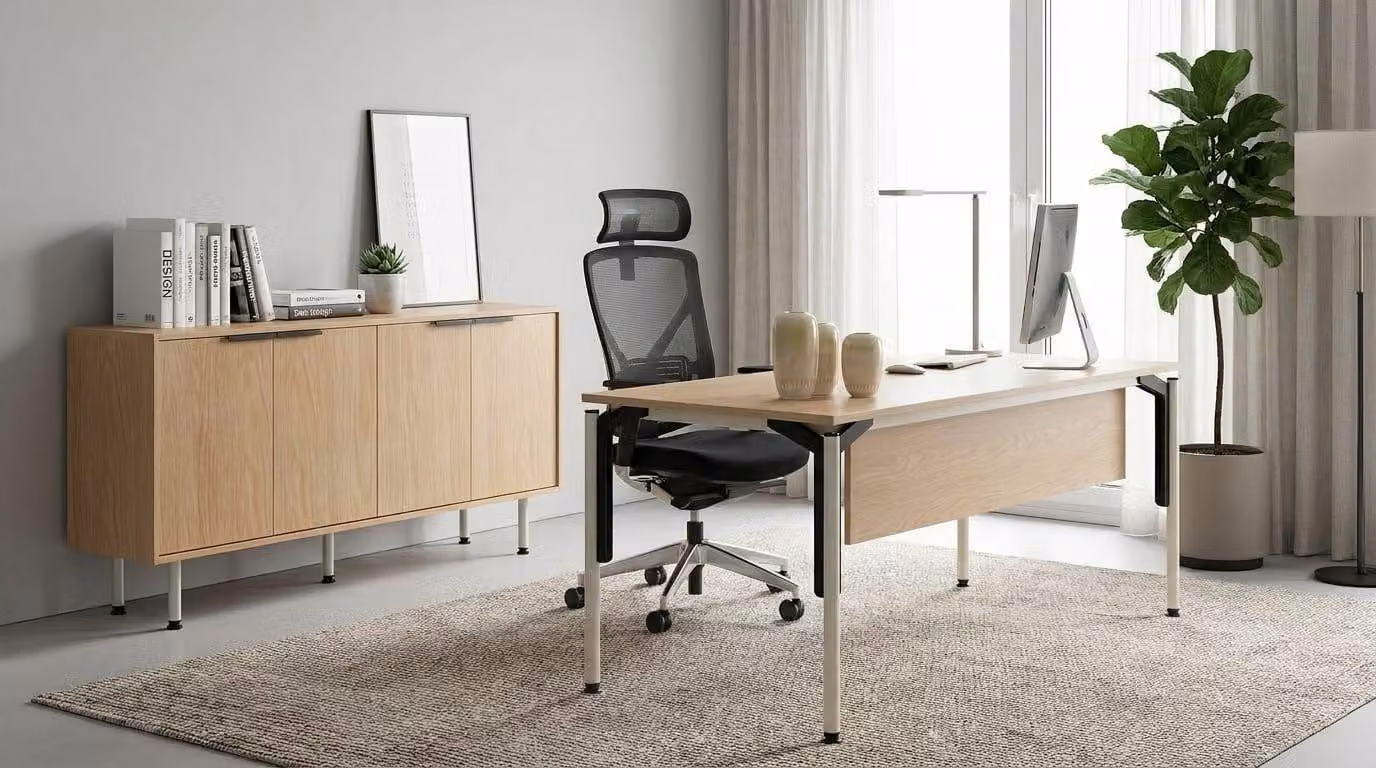 Set da ufficio in stile moderno, beige, in legno: scrivania, mobiletto laterale