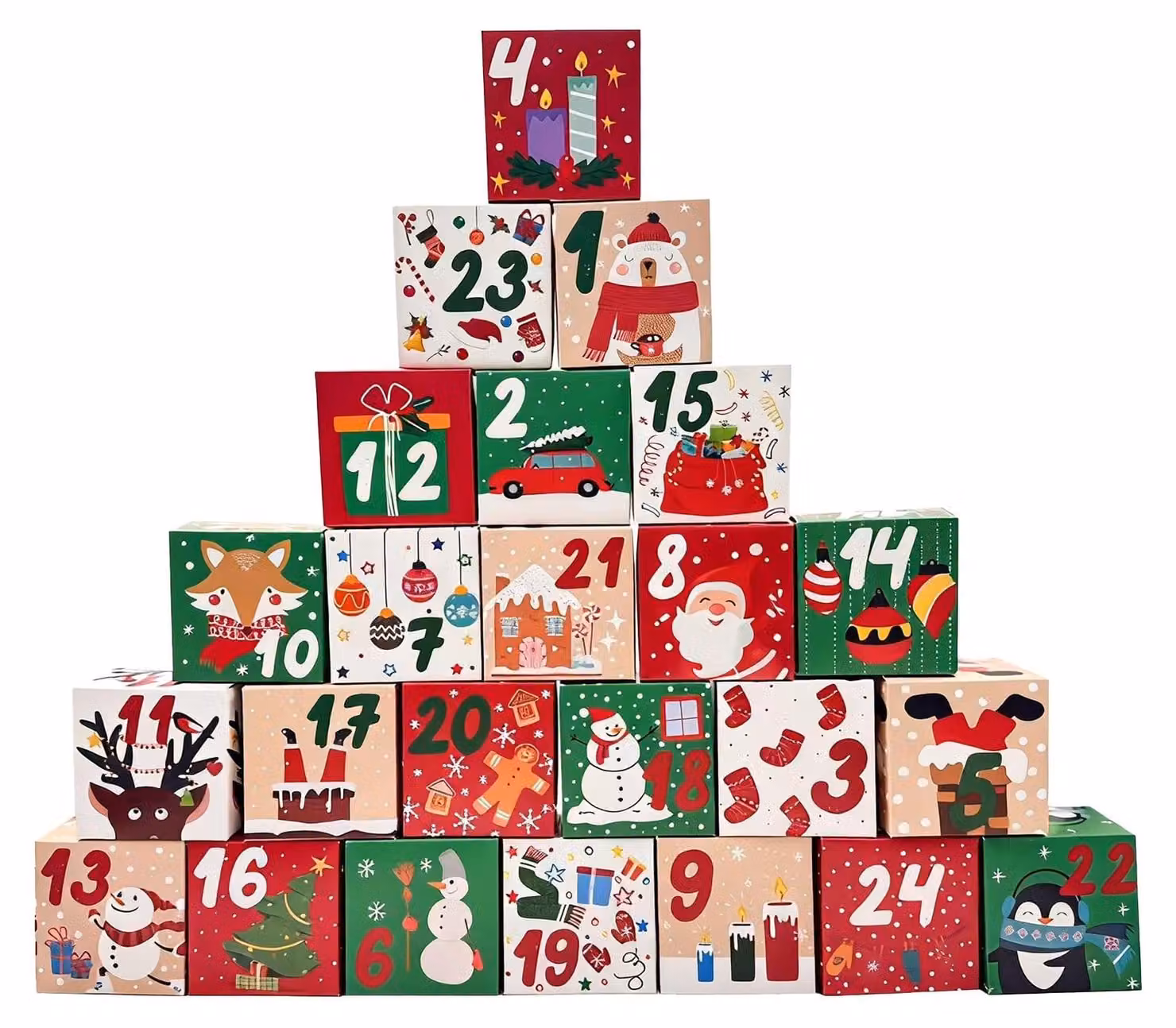 Calendario dell'Avvento da riempire, 24 scatole, 7x7x7 cm, colore rosso/verde