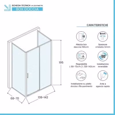 Box doccia Tay a 3 lati con porta scorrevole, forma rettangolare a U, colore nero opaco e vetro trasparente, L: 140 cm, P: 70 cm, H: 195 cm – 2