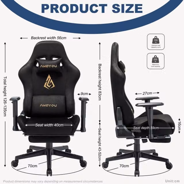 Sedia da Gaming ANDYOU Ergonomica e Traspirante con Poggiapiedi e Poggiatesta, Girevole e Regolabile, Nero – 1