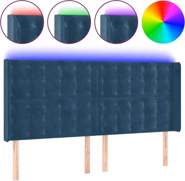 Testata del letto in velluto blu scuro con illuminazione LED integrata e porta di ricarica USB, L/P/H: 183 x 16 x 128 cm