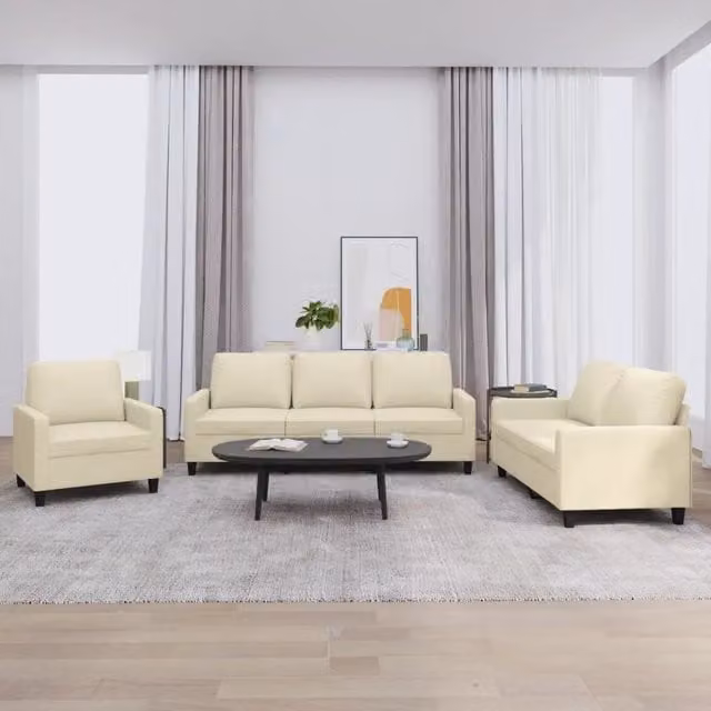 Set di divani moderno vidaXL in similpelle beige con cuscini per soggiorno – 1