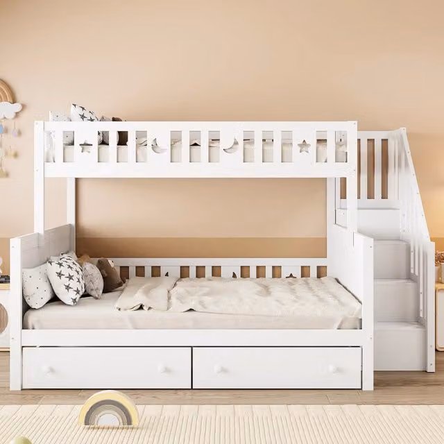Letto a castello per bambini; 90x200cm e 140x200cm; legno massiccio; con scale di sicurezza; bianco
