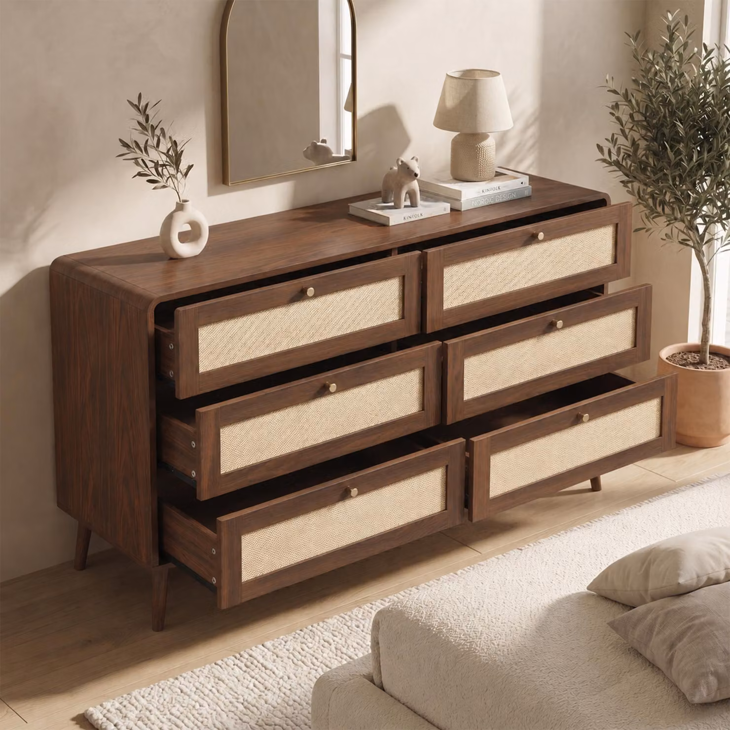 Comò MODFU con 6 cassetti, mobile contenitore da 120 cm, comò da camera da letto, credenza con aspetto rattan e legno di noce, armadio contenitore con angoli arrotondati