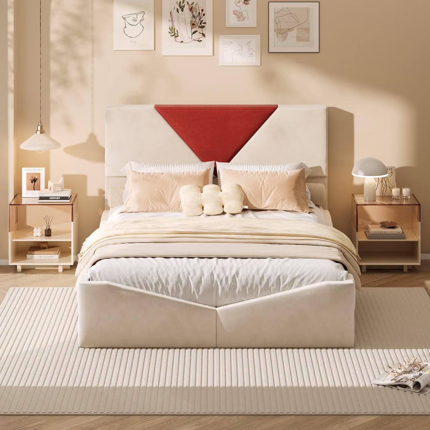 Letto imbottito ProximaX 140x200 cm in velluto bianco crema – Letto con contenitore a 2 cassetti, letto matrimoniale con contenitore, struttura letto moderna per camera da letto