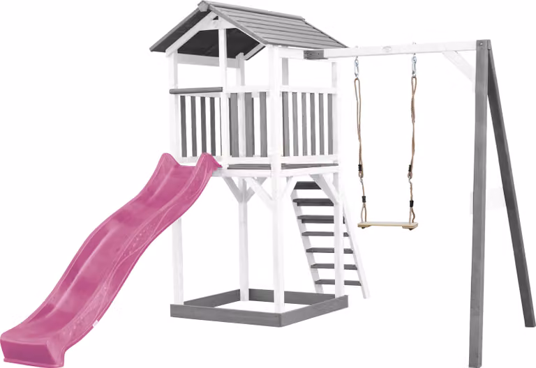AXI Beach Tower parco giochi in legno in grigio e bianco | Torre di gioco per bambini con sabbiera, altalena e scivolo viola | Casa per bambini su palafitte per il giardino