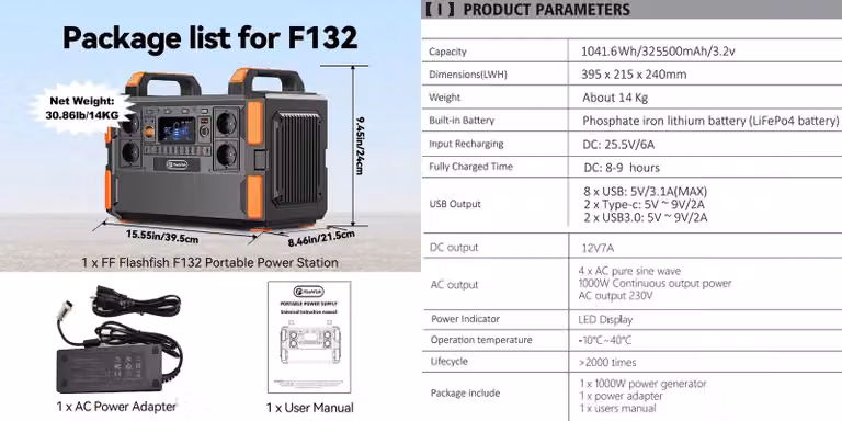 Centralina portatile da 1000W - 1041,6Wh - Generatore a onda sinusoidale pura con batteria LiFePO4