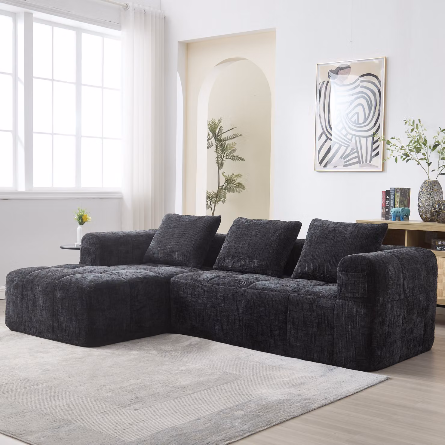 okwish, divano angolare, divano modulare, divano moderno in tessuto chenille con braccioli e 3 cuscini, divano da soggiorno con tasca laterale per il telecomando, colore nero