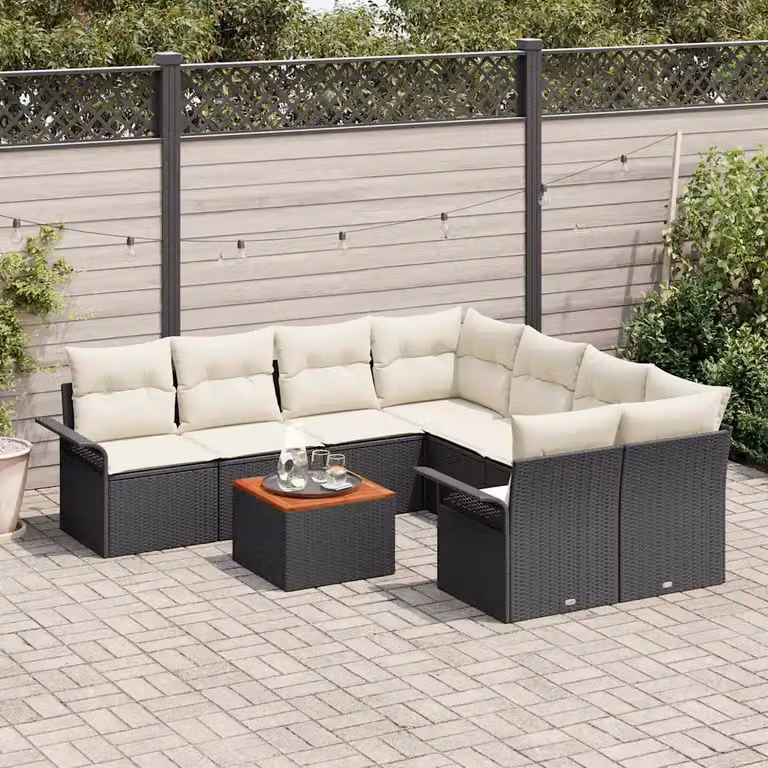 Set Divano da Giardino Moderno vidaXL in Polyrattan Nero con Cuscini e Tavolino da Esterno