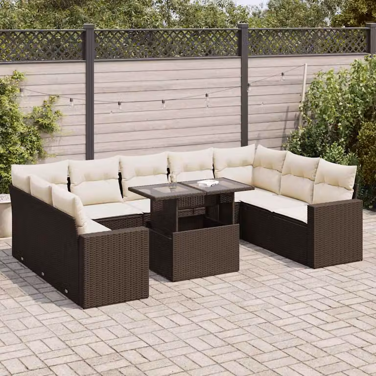Set Divani da Giardino vidaXL 10 Pezzi a Forma di L con Cuscini e Tavolino, Polyrattan Marrone e Bianco