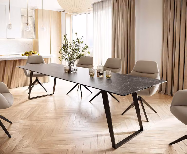 Tavolo da pranzo DELIFE Edge 300x100 Vetroceramica Laminam® Nero Greco Antracite Metallo Obliquo Nero