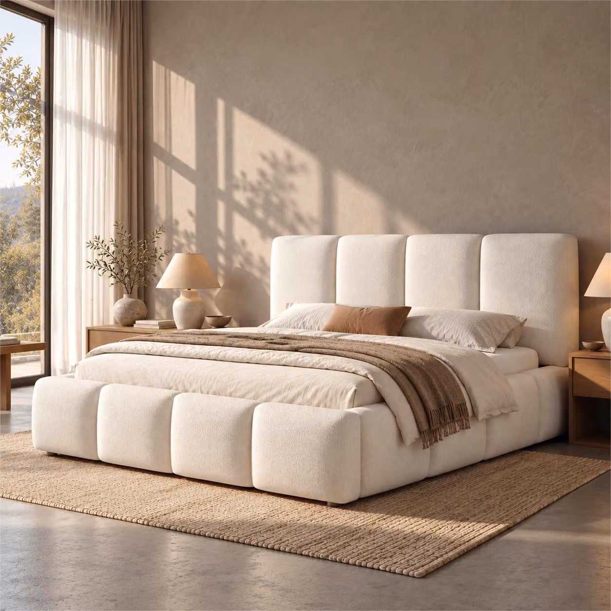 Letto imbottito okwish 160x200 con contenitore, testiera imbottita, rete a doghe, letto matrimoniale con spazio contenitivo, letto per ragazzi, colore bianco, tessuto bouclé, senza materasso