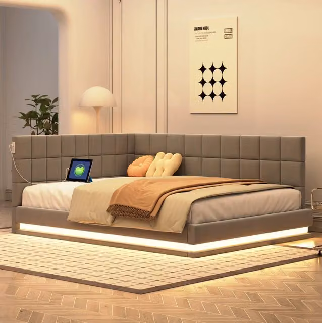 Letto Divano Poltrona 140x200 cm in Lino Grigio con Striscia LED, Presa USB e Rete a Doghe