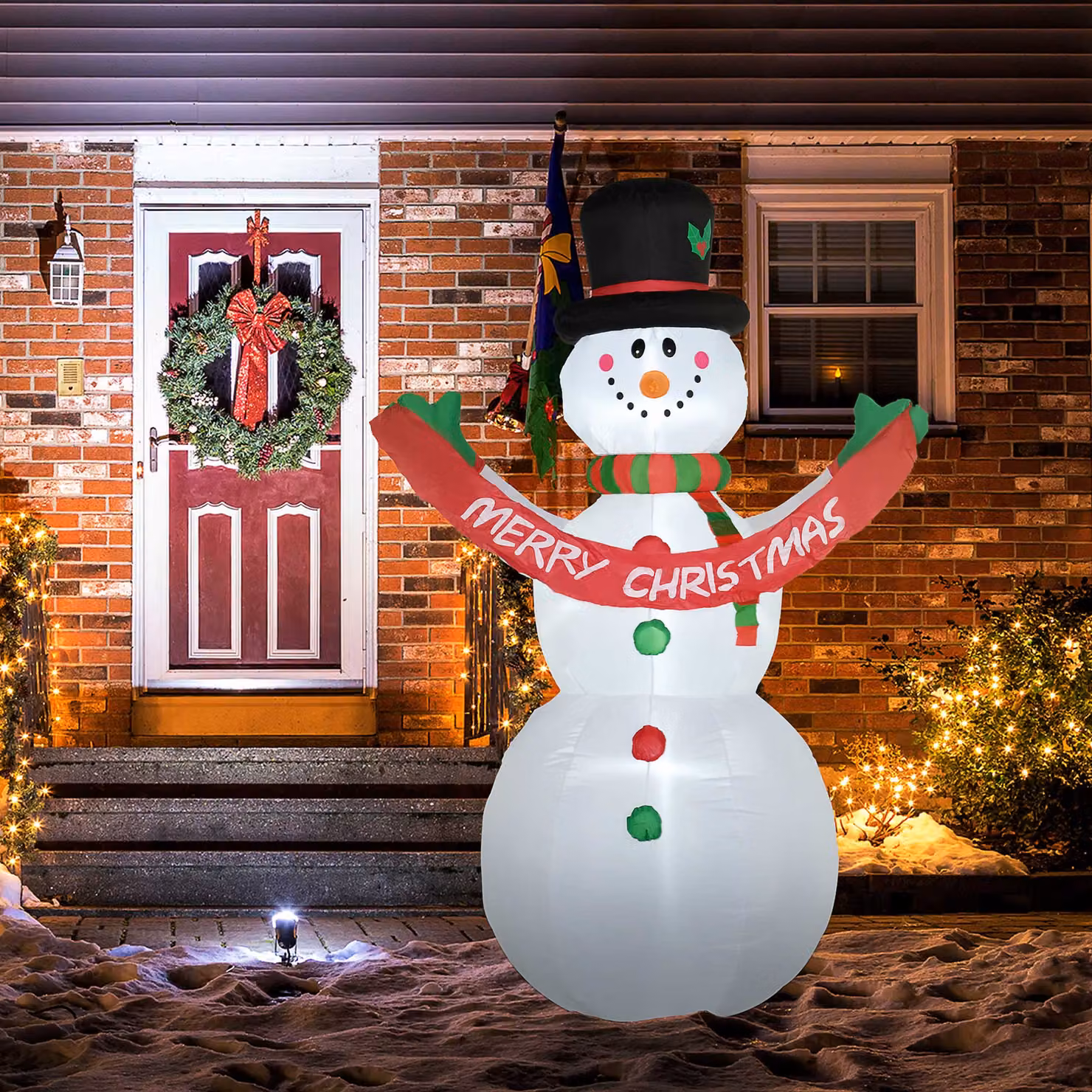 Pupazzo di Neve Gonfiabile da Esterno HOMCOM con Luci, Decorazione Natalizia Impermeabile Bianco, Rosso e Verde, Altezza: 243 cm – 2