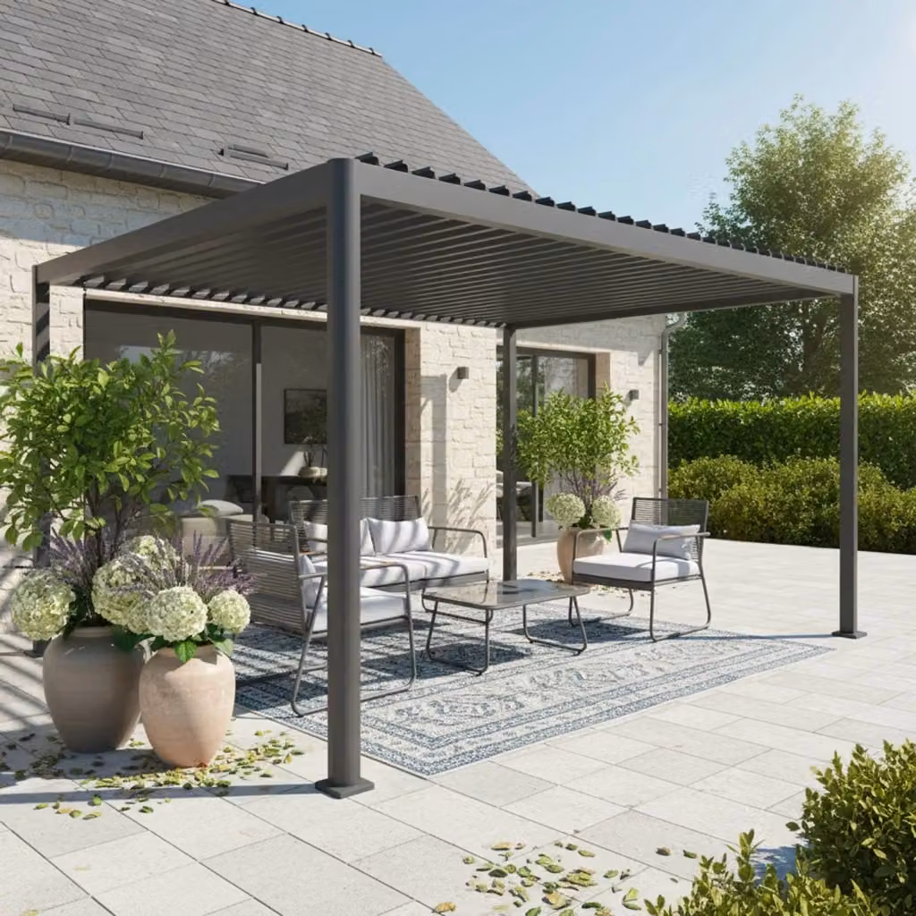Pergola bioclimatica Sweeek in alluminio color antracite L: 307,5 cm, P: 307,5 cm, H: 243,5 cm – 2