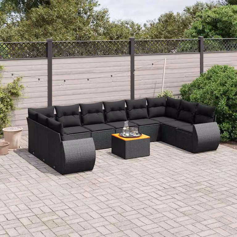 vidaXL Set Divani da Giardino 11 pz a Forma di L in Polyrattan Nero con Cuscini e Tavolino