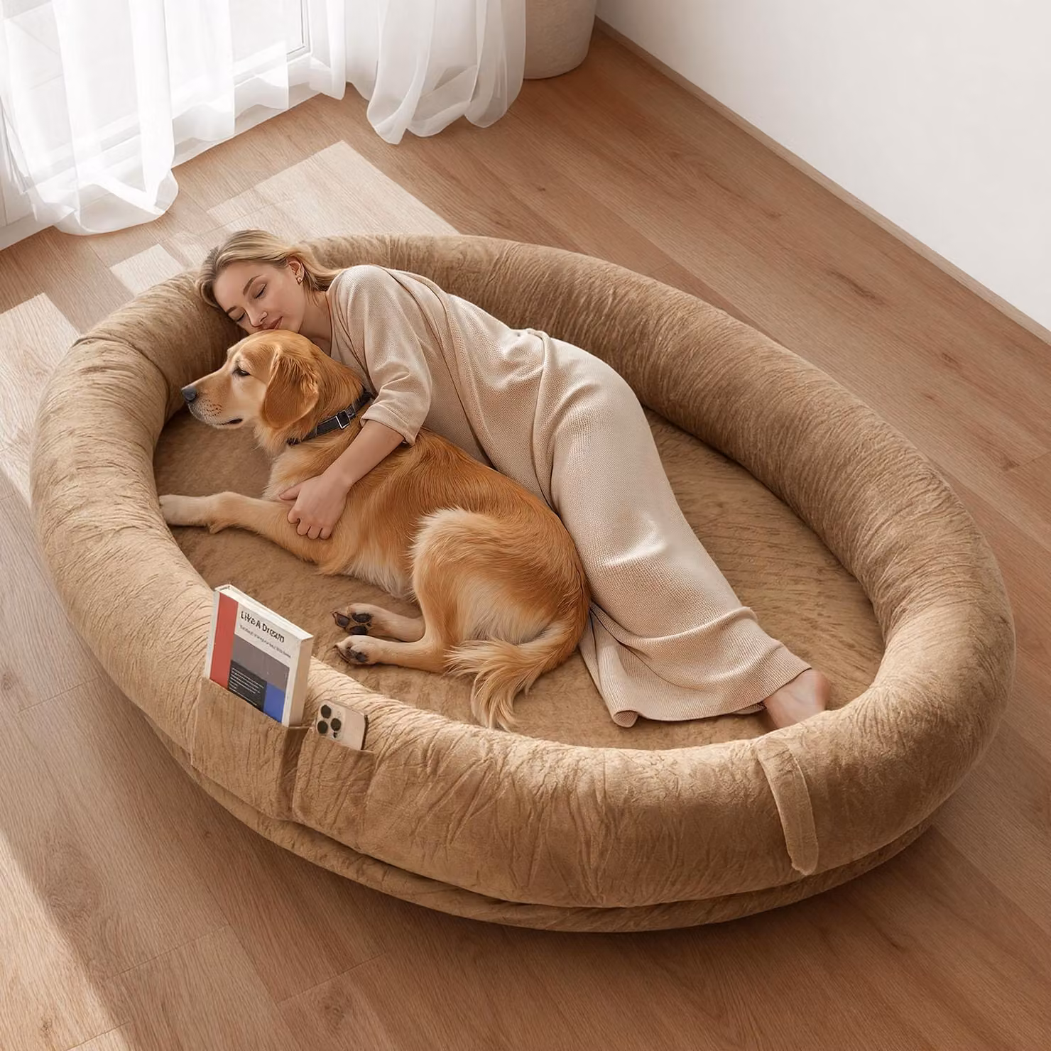 VEVOR letto per cani e umani, 177x123x24cm, letto per cani in memory foam a misura d'uomo, con tasca laterale, maniglia e cerniera, sfoderabile, lavabile in lavatrice, a pelo corto, marrone