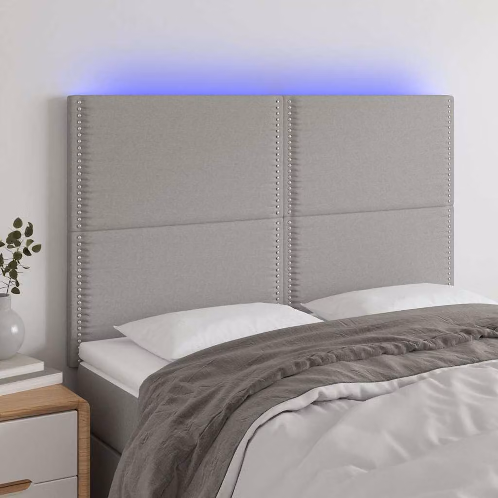 Testiera con LED e porte USB vidaXL in tessuto grigio chiaro, L: 144 cm, P: 5 cm, H: 118/128 cm