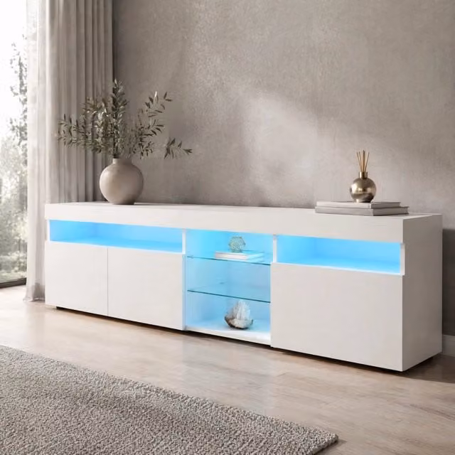 Mobile TV 180x35x48 cm bianco in MDF, 3 ante con illuminazione LED variabile