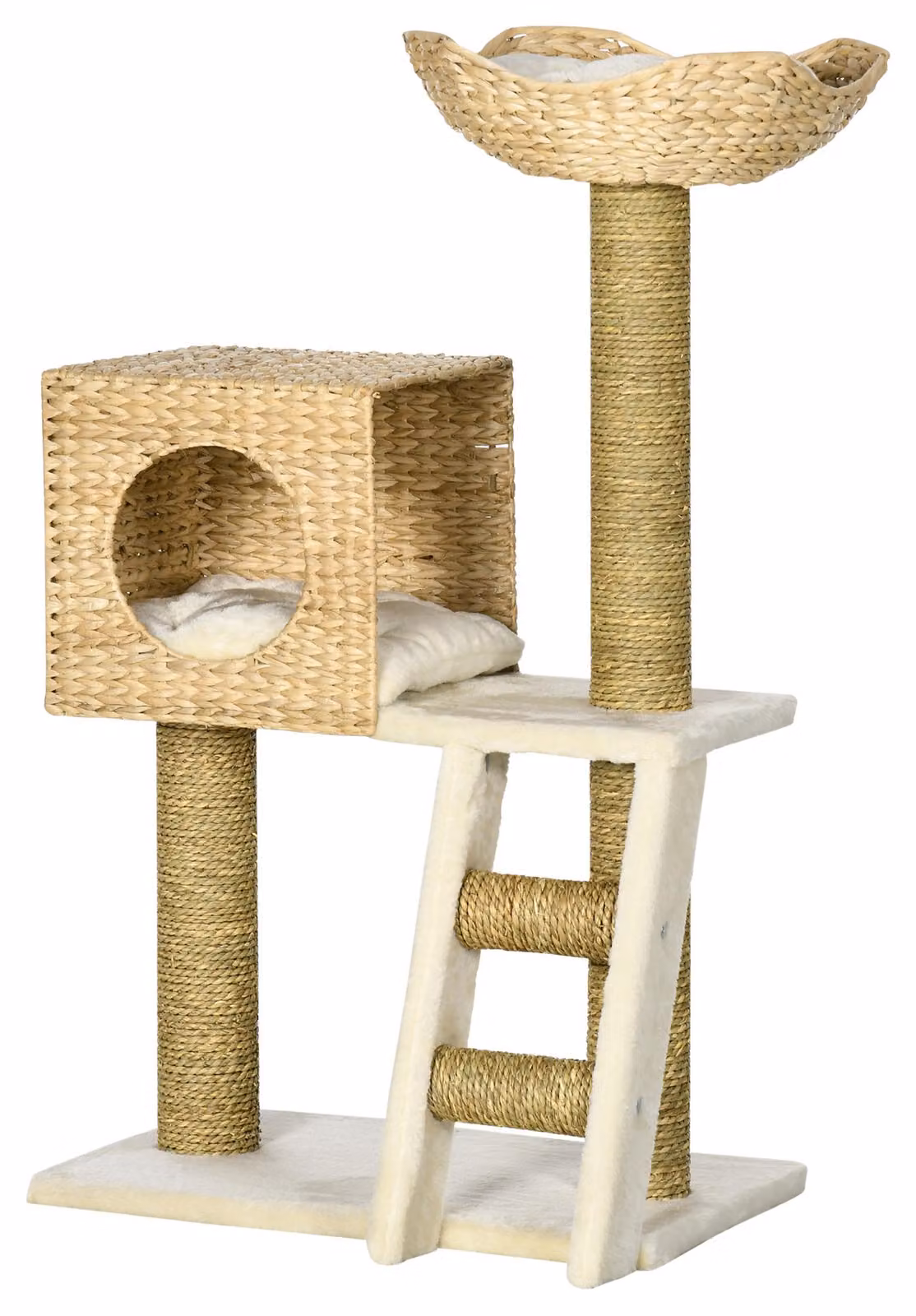 PawHut Tiragraffi da 100,5 cm con cuccia, lettino, scaletta, cuscino, finitura naturale