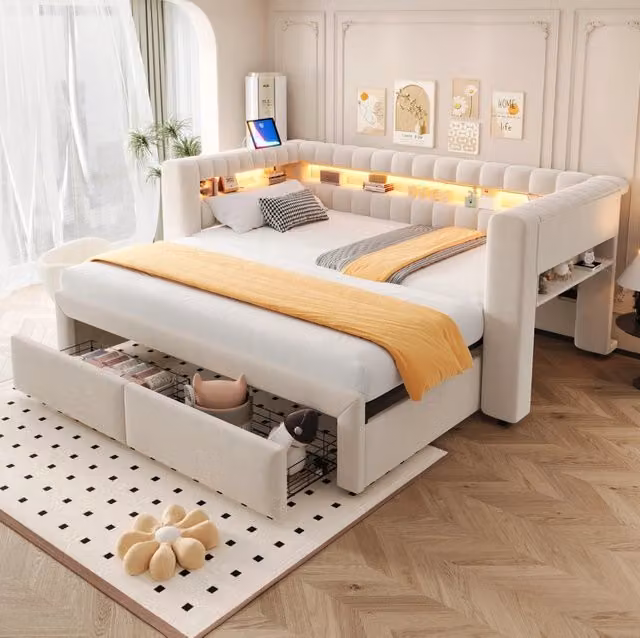 Divano letto imbottito 90x190 cm estensibile 180x190 cm con cassetti; LED; USB e Type-C; beige