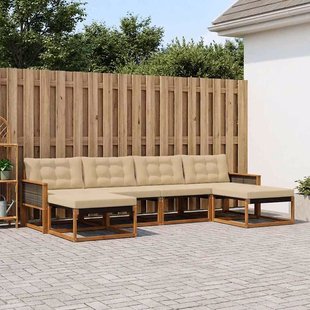 Set di divani da esterno vidaXL 6 pz in legno di acacia e textilene, colore beige e naturale, con pouf e cuscini inclusi