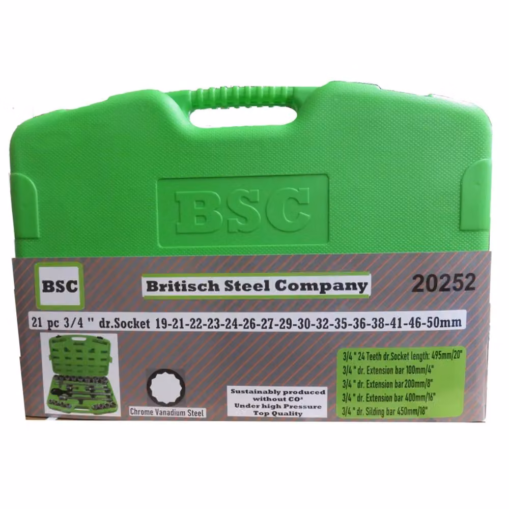 Set di chiavi a bussola poligonali Tooltek con cricchetto da 21 pezzi, attacco 3/4", misure 19-50mm – 2