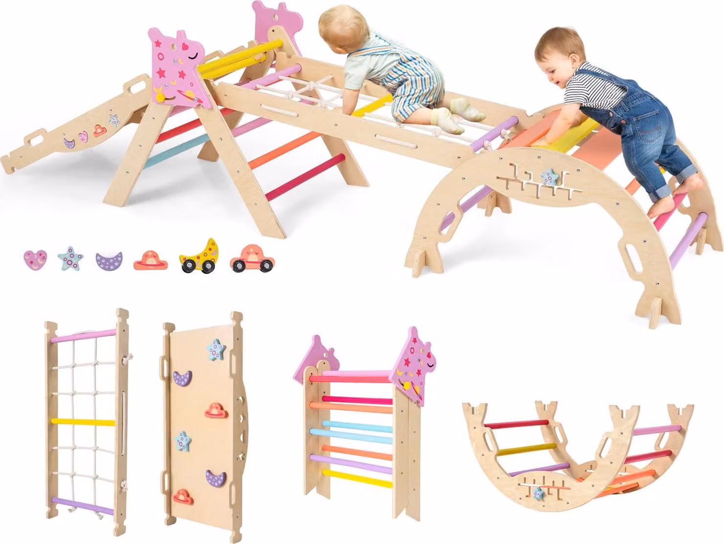 COSTWAY: set di 4 strutture da arrampicata per interni, triangolo pieghevole con scivolo, arco di arrampicata, rete, rampa bifacciale, set di mattoncini e 2 macchinine per bambini da 1+
