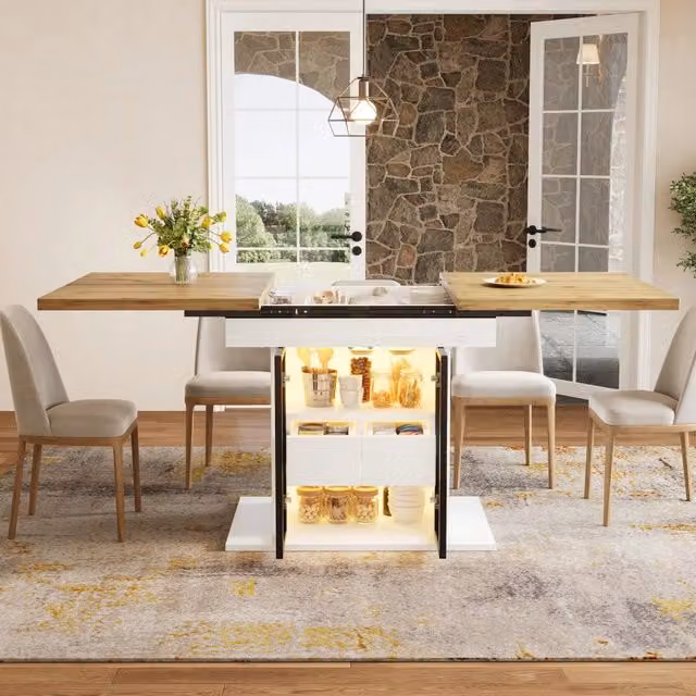 Tavolo allungabile da 110 a 140 cm con contenitore e luci LED; MDF e metallo; bianco