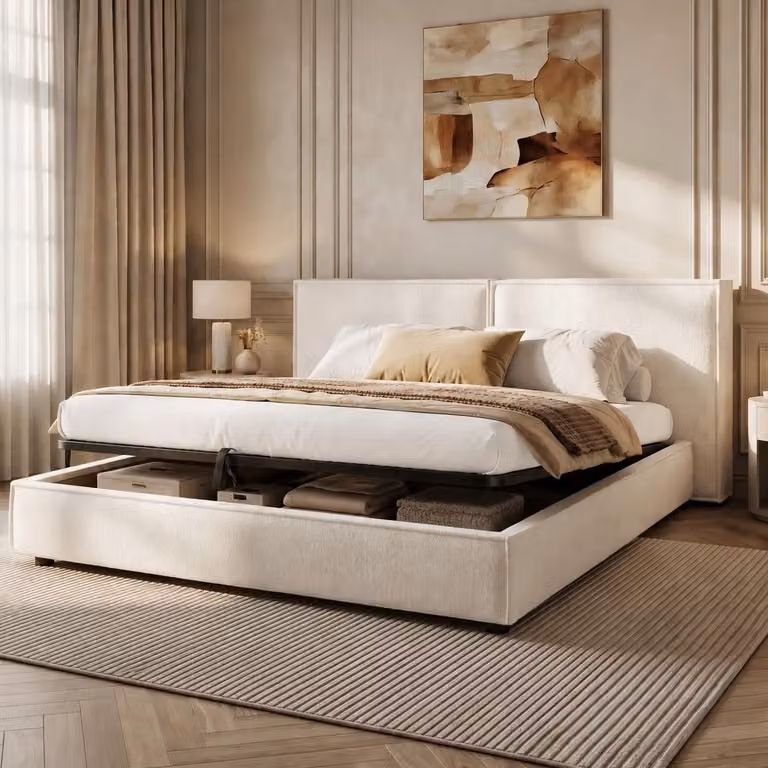Letto imbottito MODFU 180x200 con materasso, letto matrimoniale con spazio contenitore a sollevamento idraulico, rivestimento in bouclé, letto per giovani con testiera imbottita di 12 cm e rete a listelli, colore bianco