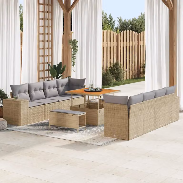 Set Divano da Giardino vidaXL 11 Pezzi in Polyrattan Beige e Grigio con Cuscini e Tavolino