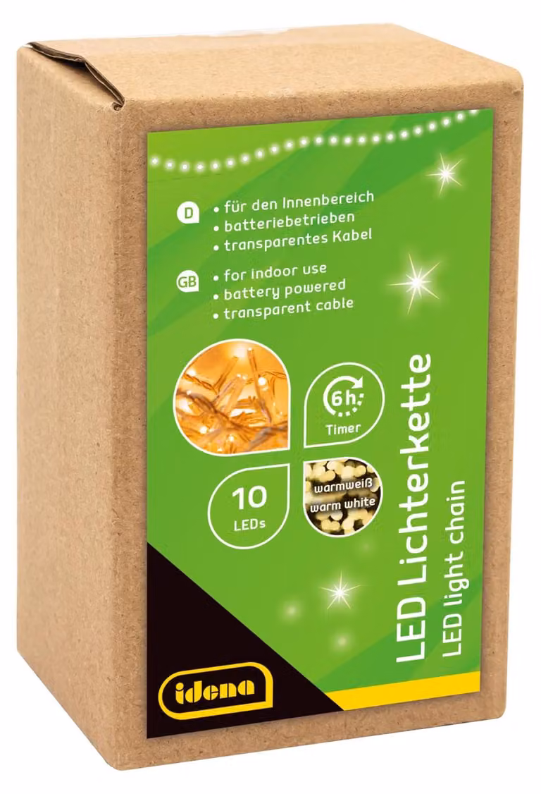 Catena luminosa a LED, 10 LED a luce bianco caldo, con timer, lunghezza 1 metro, alimentazione a batteria