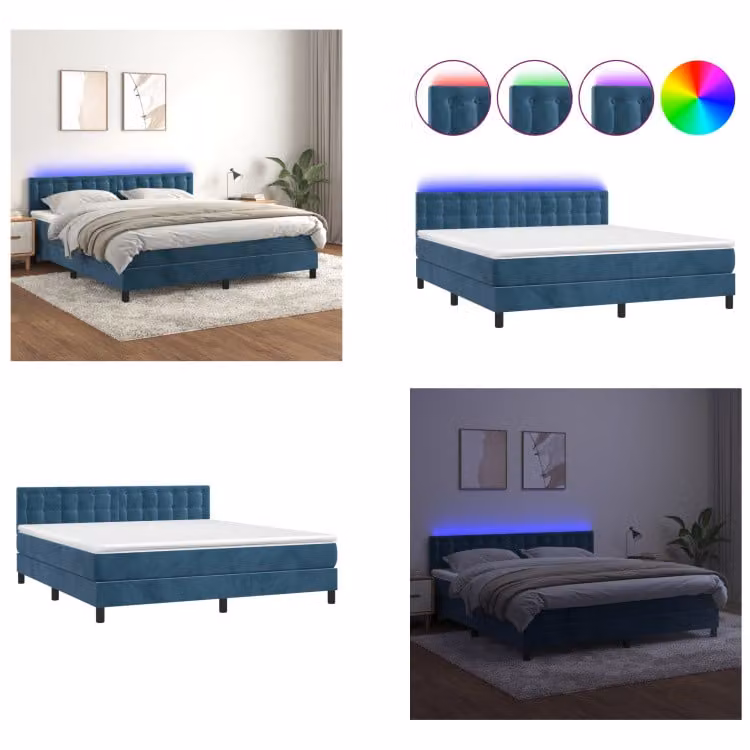 vidaXL Letto a molle con materasso e LED blu scuro 160x200 cm in velluto - Letto a molle - Letti a molle - Letto - Letti
