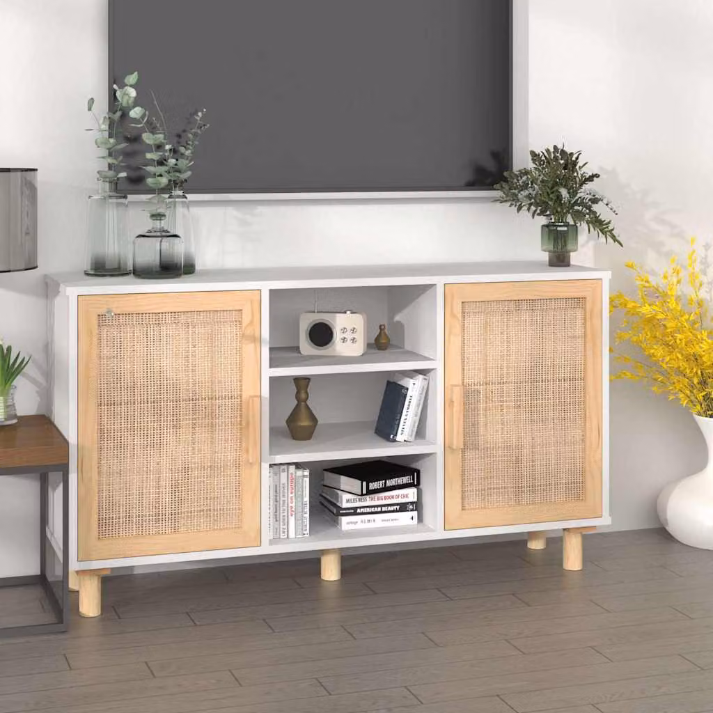 Credenza vidaXL in legno massello di pino e rattan naturale, colore bianco, L 105 x P 30 x H 60 cm