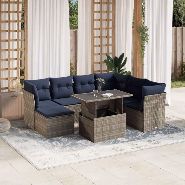 Set di divani da giardino vidaXL 8 pezzi in polyrattan con cuscini grigi e blu, design moderno a forma di L con tavolino e pouf