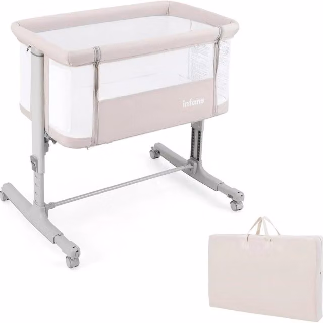 Culla per bambini 3 in 1 Design Mania con 5 livelli di altezza regolabili, borsa da viaggio e traversina, colore beige