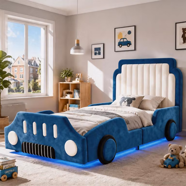 Letto per bambini Merax, modello imbottito, 90x200 cm, con sponde di sicurezza, letto a forma di auto con illuminazione LED, letto singolo in velluto per camerette, colore blu