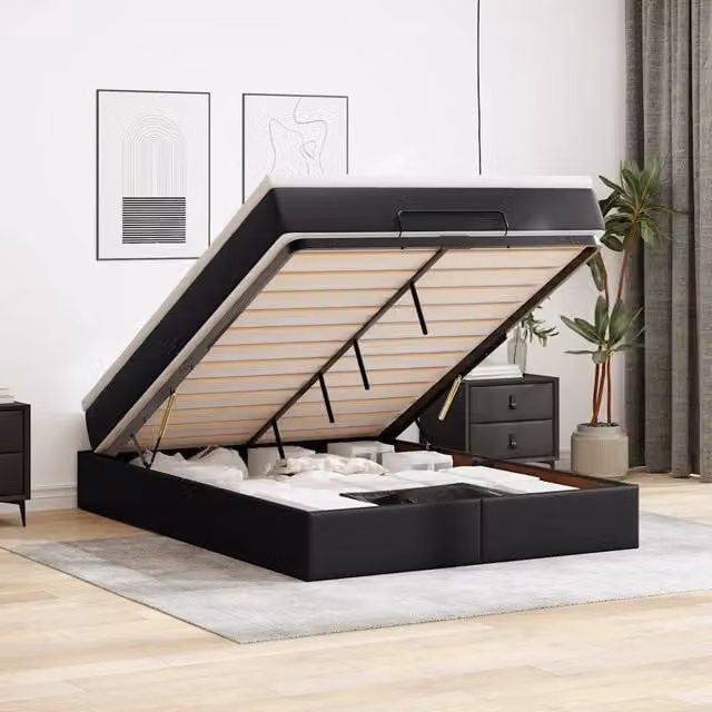 Struttura Letto Pouf con Materasso Nero 140x200 cm Similpelle 3311041