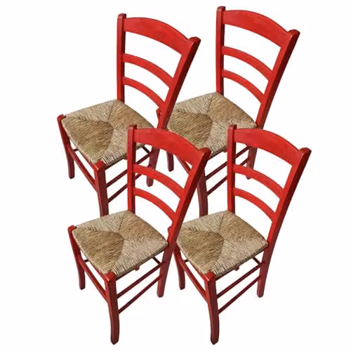 MA MAISON Set 4PZ Sedie in Legno con Seduta in Paglia - Ampia, Compatta, Schienale Alto, Robusta, Paesana, Rustica, per Cucina, Agriturismo, Ristorante, Soggiorno - 42X40X87H CM (ROSSO)