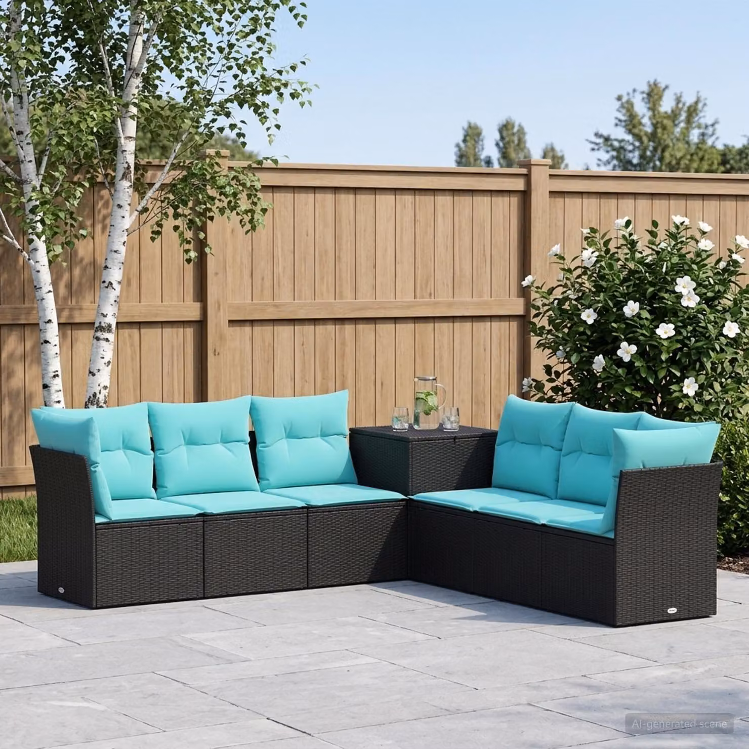 vidaXL Set di divani da giardino a L composto da 7 pezzi in rattan sintetico e acciaio nero e blu con cuscini inclusi