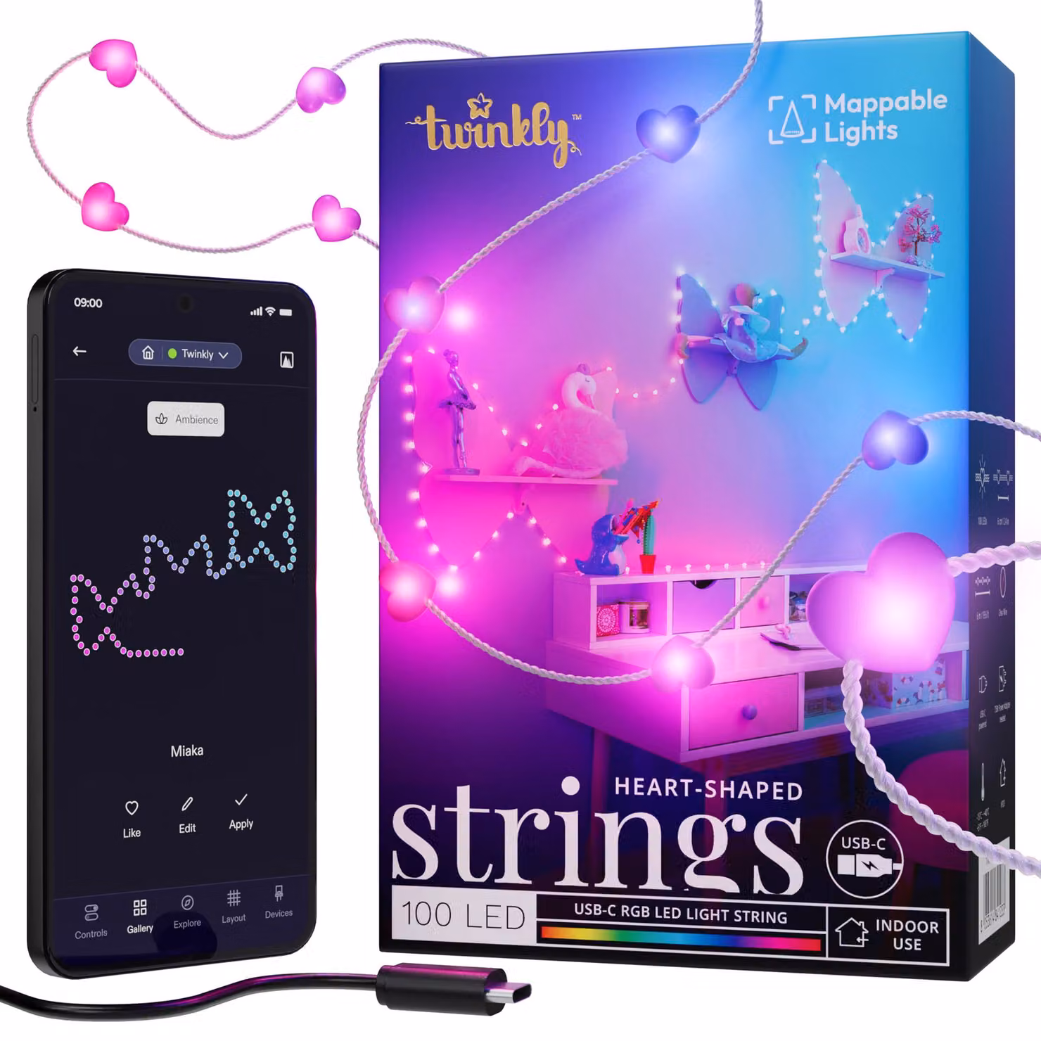 Catena luminosa a LED, 100 LED RGB, forma a cuore, 6 metri, connettore USB-C