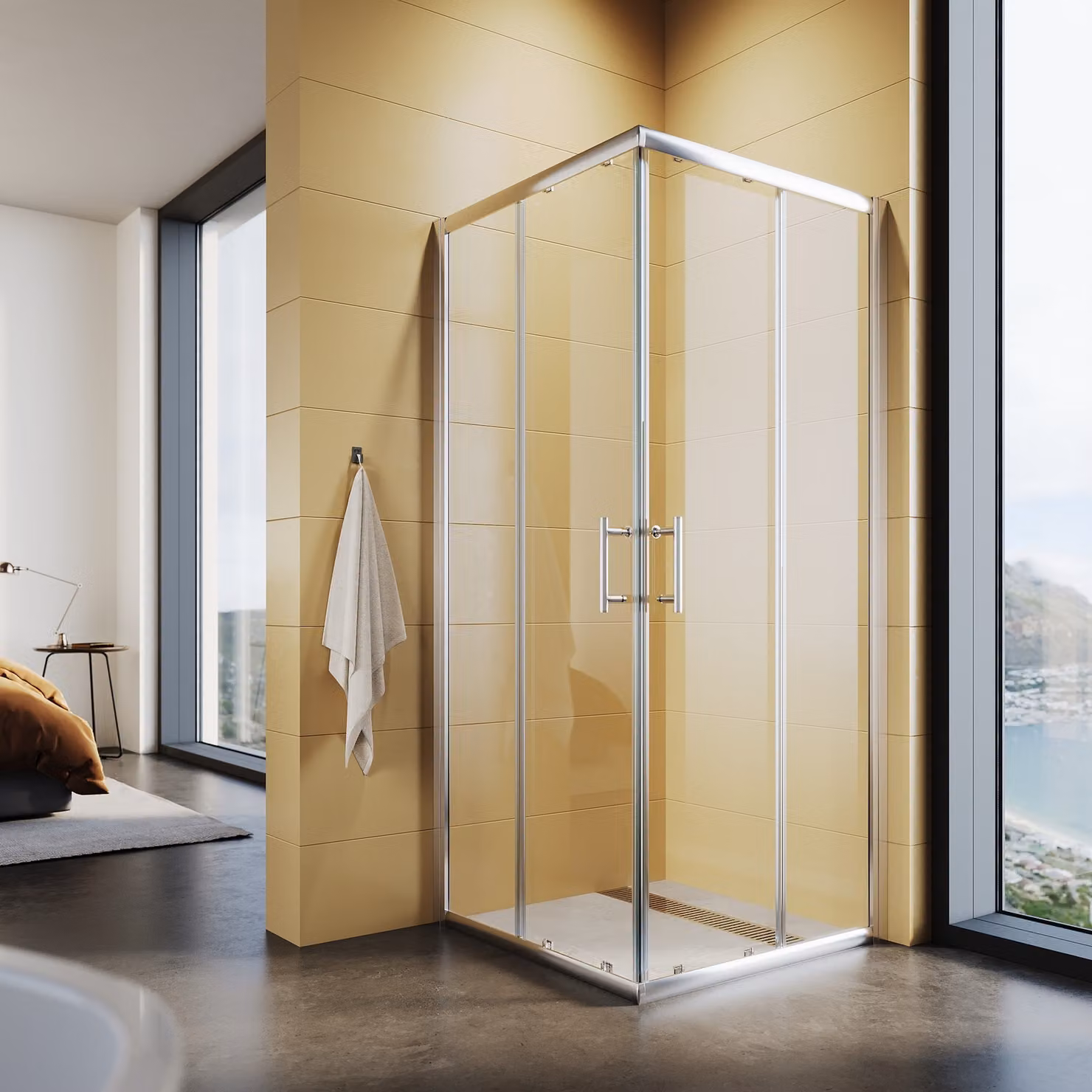 Cabina doccia SONNI 90x90x195cm, doccia a doppia porta scorrevole a vetro singolo, doccia angolare in vetro ESG